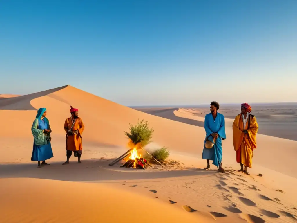 Un grupo de nómadas del Sahara reunidos alrededor de una fogata, vistiendo coloridas túnicas tradicionales y sosteniendo hierbas del desierto