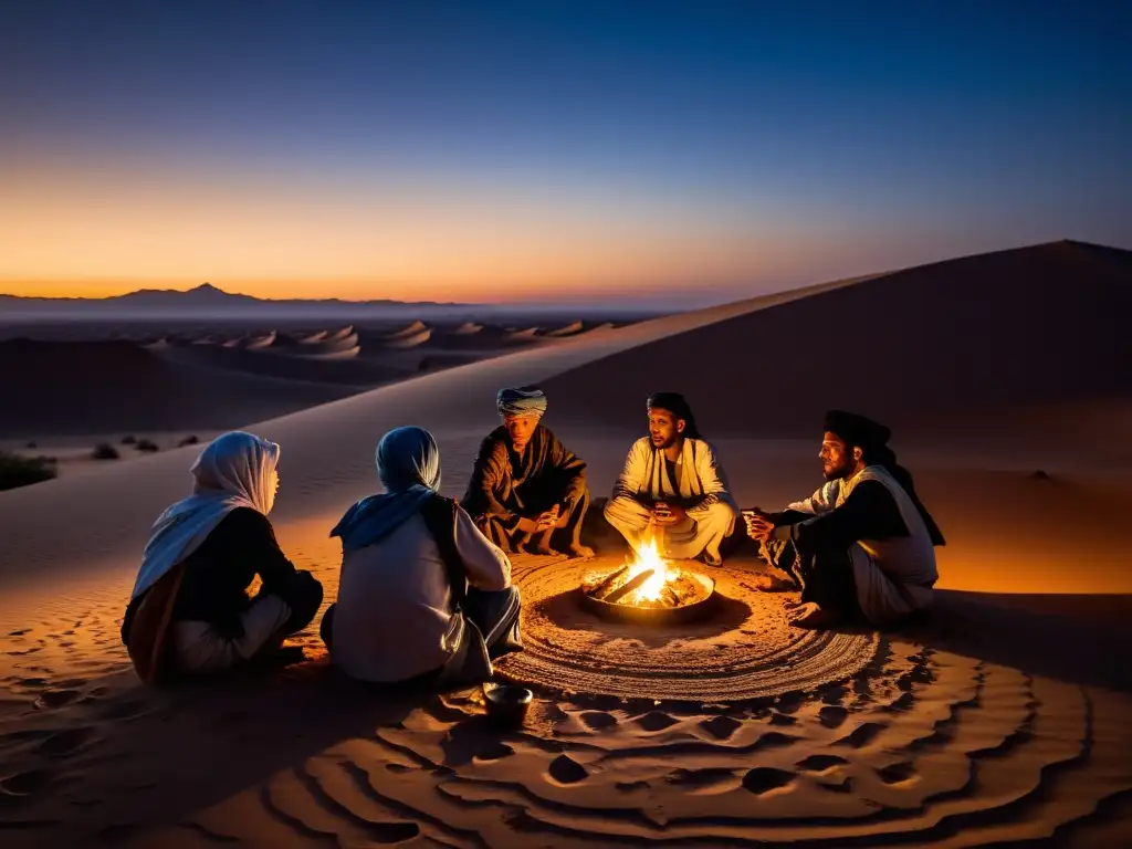 Grupo de nómadas Tuareg preparando medicina tradicional en el desierto del Sahara, bajo un cielo estrellado