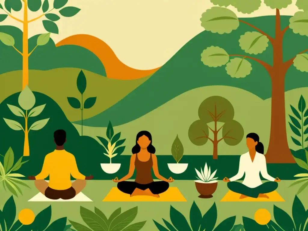 Un grupo de personas practicando antiguas técnicas de salud en la naturaleza, transmitiendo serenidad y conexión con la naturaleza