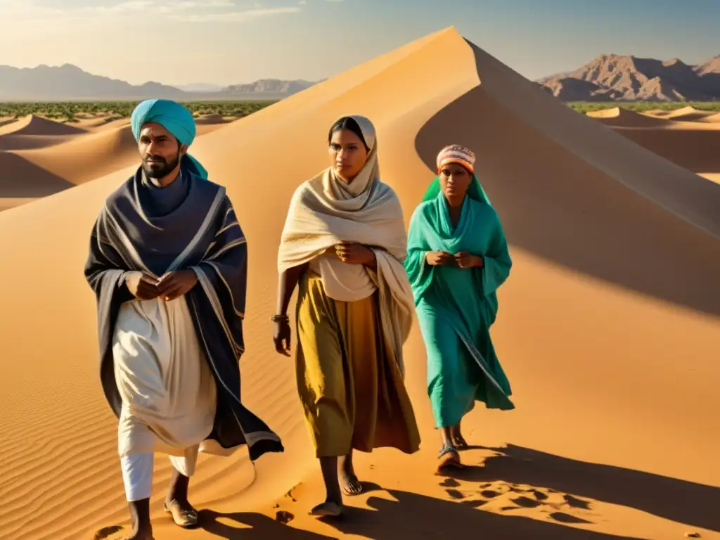 Un grupo de personas usando atuendos tradicionales del desierto, protegiéndose del sol con turbantes