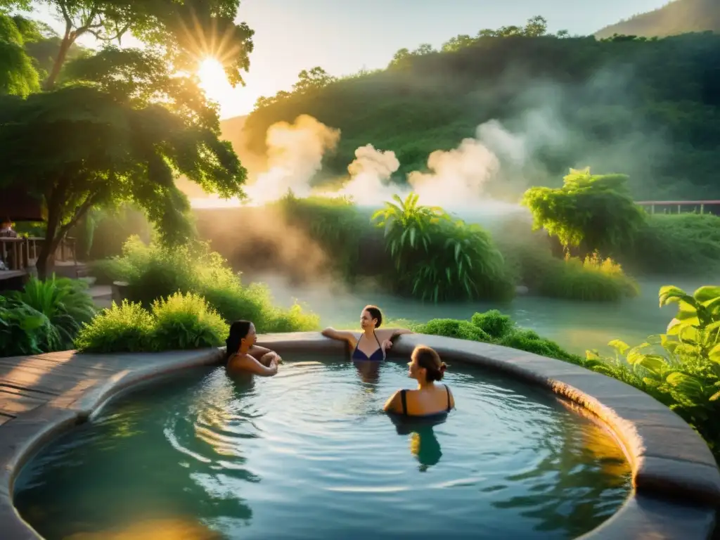 Un grupo de personas disfruta de los beneficios de aguas termales naturales en un entorno sereno y exuberante al atardecer