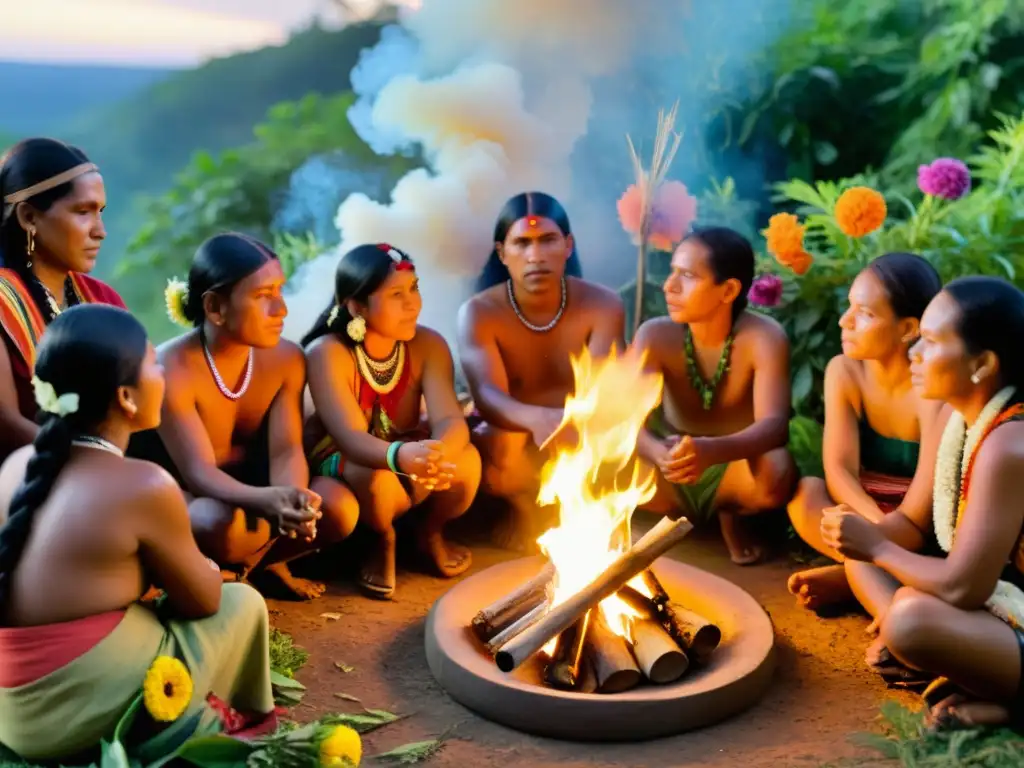 Un grupo de personas indígenas se reúne alrededor de una fogata en un ritual de medicina tradicional cultural