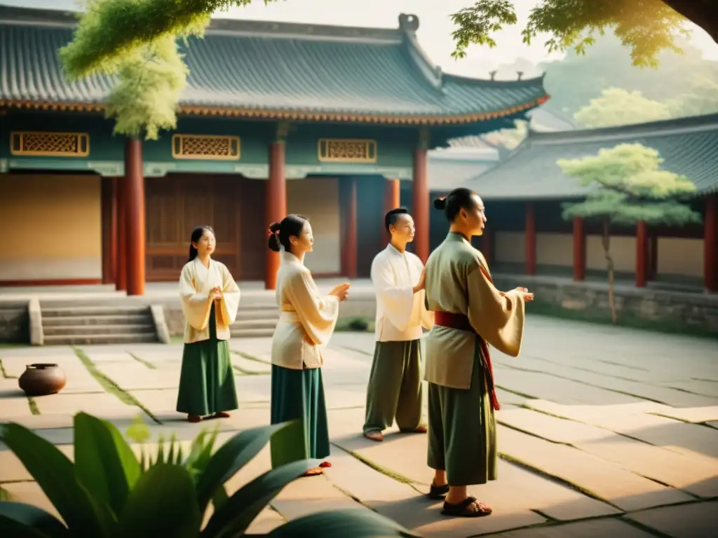 Un grupo de personas practica Qi Gong en un patio chino tradicional rodeado de exuberante vegetación y arquitectura antigua