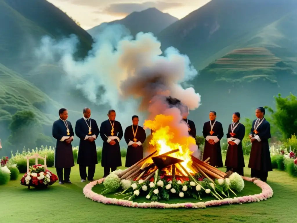 Un grupo de personas realiza un ritual funerario tradicional alrededor de una hoguera adornada con flores y hierbas