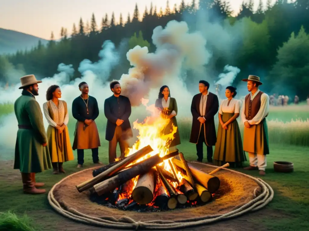 Un grupo de personas participa en un ritual de conexión con la Tierra alrededor de una fogata en el bosque, con una atmósfera mística y sanadora