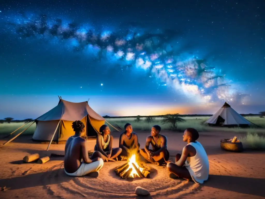 Un grupo de personas realizando rituales de medicina nativa alrededor de una fogata en las praderas africanas bajo un cielo estrellado