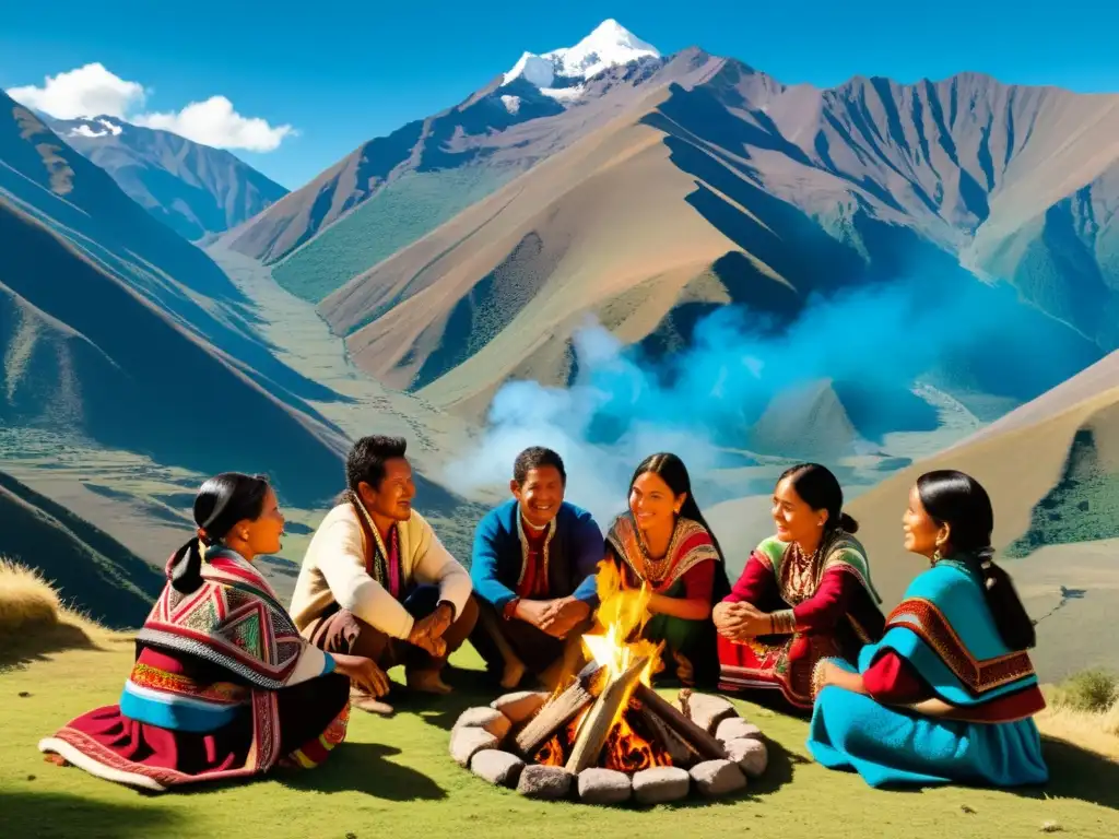 Un grupo de personas participa en un taller de medicina ancestral andina alrededor de una fogata en las montañas, transmitiendo sabiduría antigua