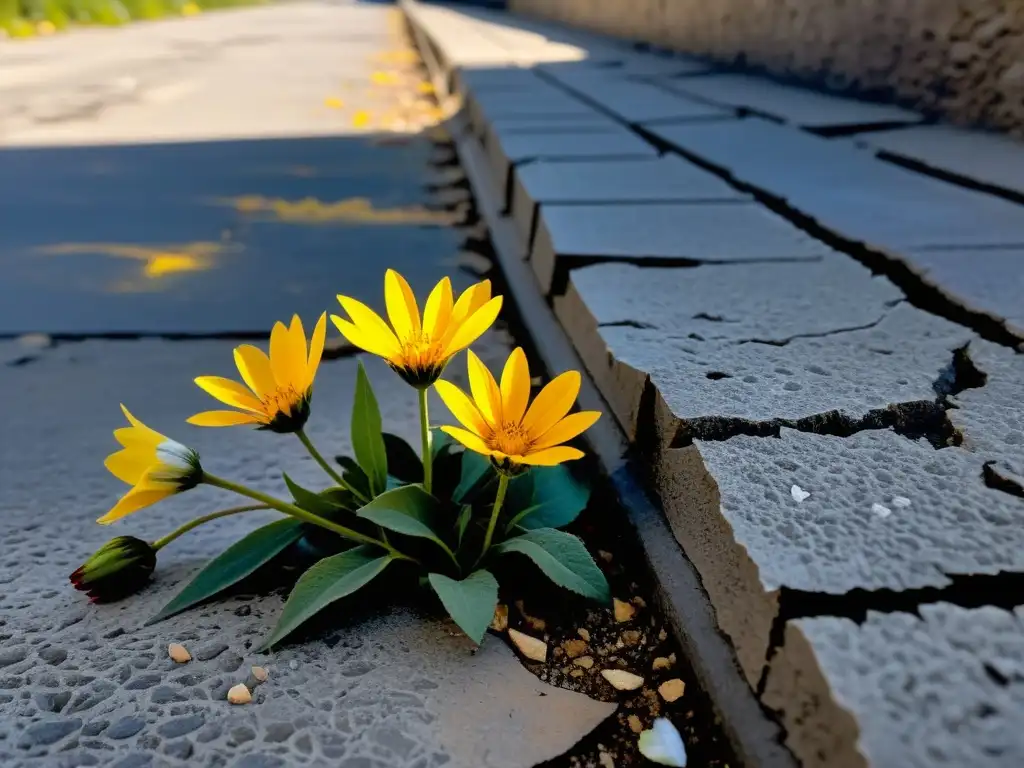 Un grupo de plantas medicinales tiempos guerra florecen entre las grietas de una calle destruida, símbolo de esperanza y resistencia