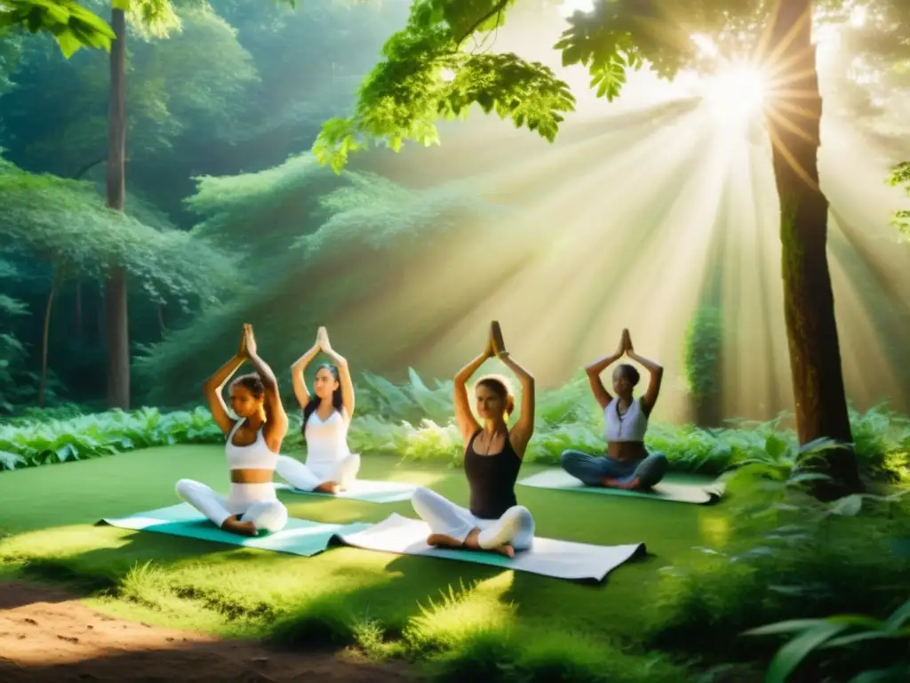 Grupo de yogis en poses clásicas en un bosque exuberante