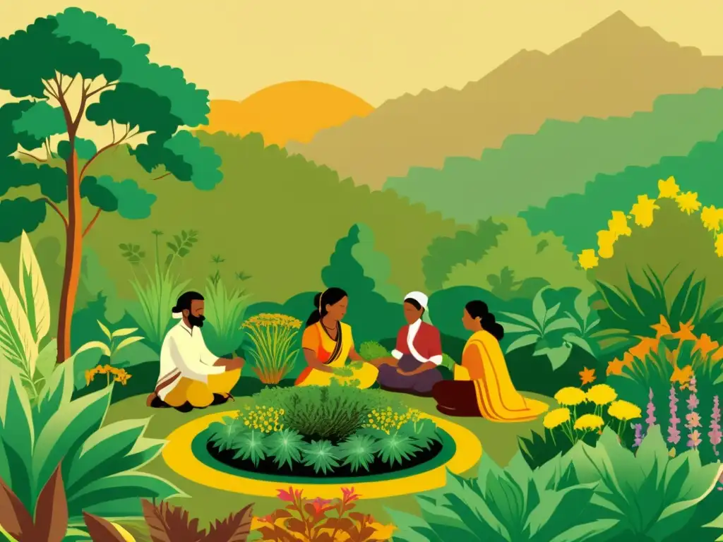 Un grupo de practicantes de Ayurveda cosecha hierbas en un jardín, transmitiendo conocimientos medicina Ayurvédica en una escena rica y tradicional