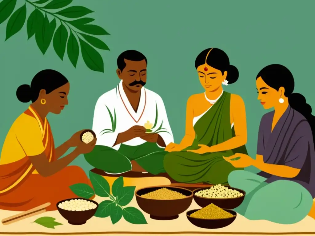 Un grupo de practicantes de Ayurveda prepara medicina tradicional con hierbas y especias