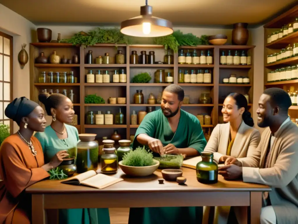 Un grupo de practicantes de medicina tradicional de diferentes culturas se reúnen en una habitación acogedora, intercambiando conocimientos y remedios