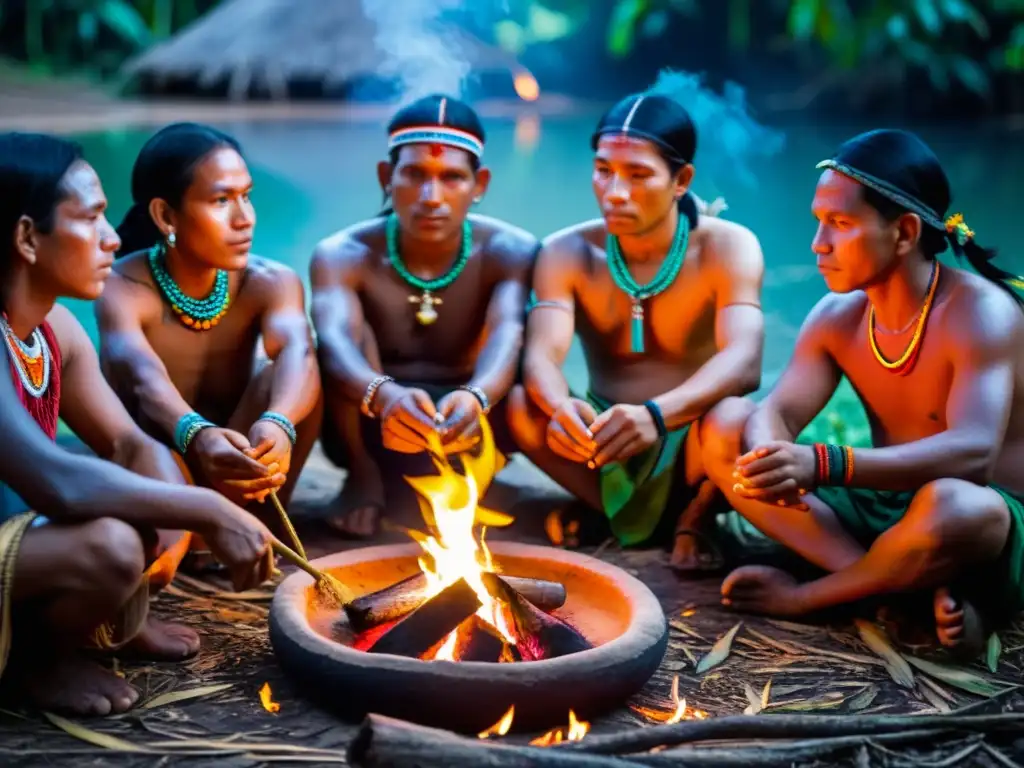 Grupo indígena amazónico comparte prácticas medicina tradicional Ayahuasca alrededor de fogata en la selva exuberante