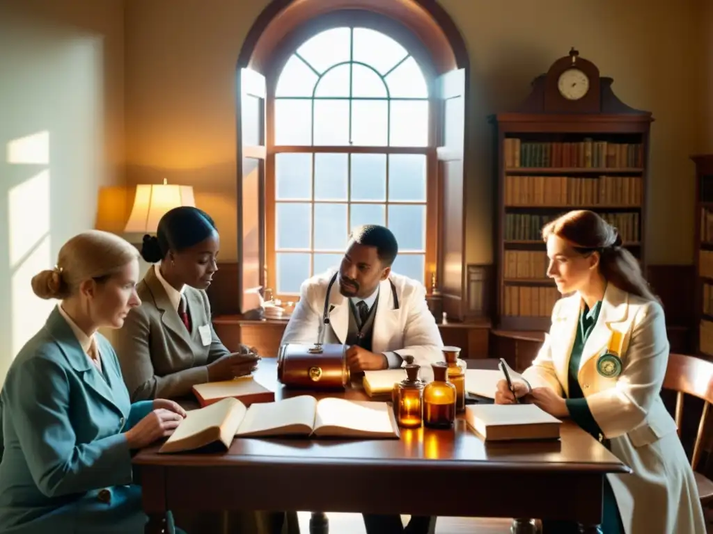 Grupo de profesionales médicos en congreso, combinando medicina tradicional y occidental en ambiente vintage iluminado por el sol