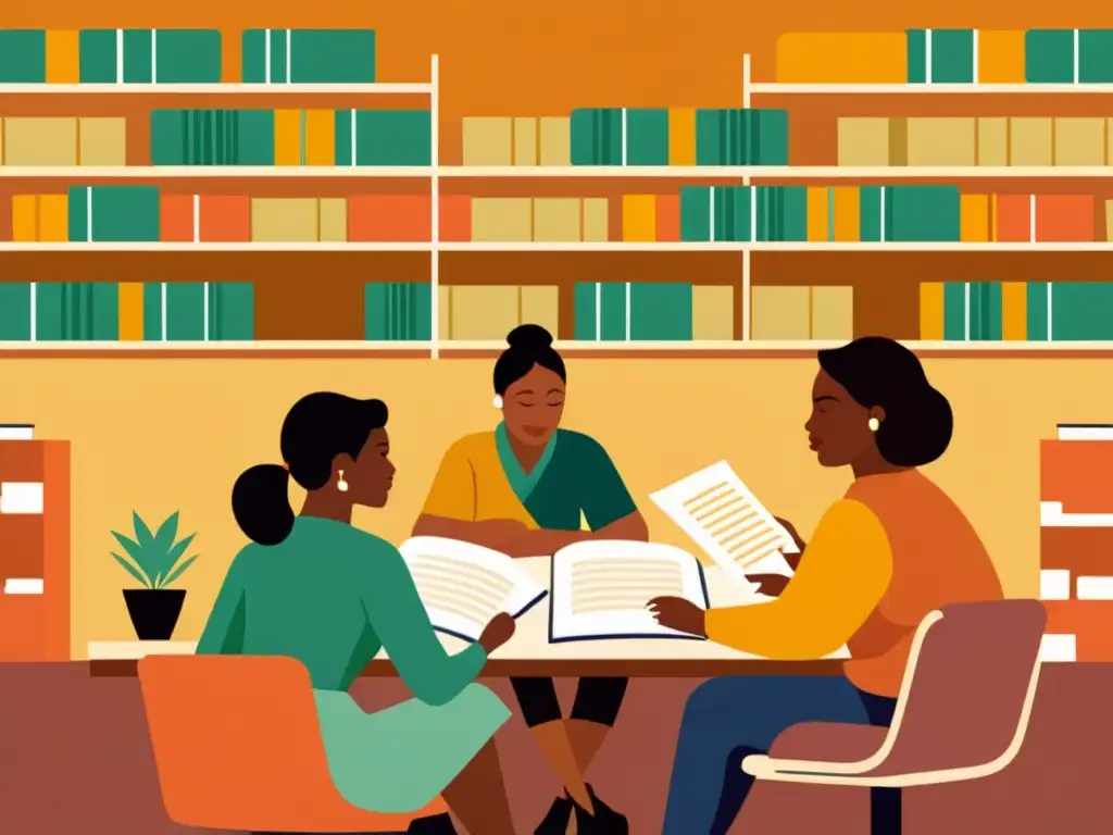 Un grupo de profesionales diversos discute programas de certificación en terapias complementarias en una acogedora habitación llena de libros