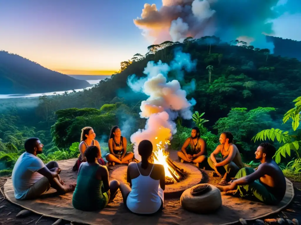 Un grupo participa en un retiro de medicina tradicional para bienestar emocional alrededor de una fogata en la exuberante selva