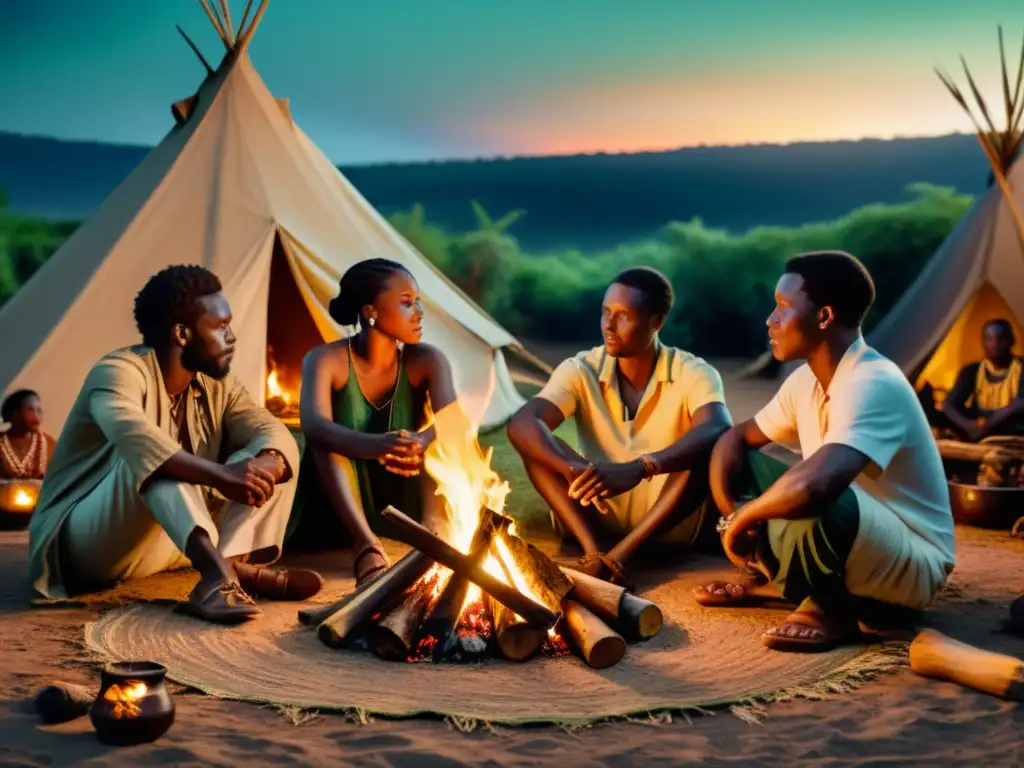 Grupo en ritual alrededor del fuego, rodeados de naturaleza y arte africano