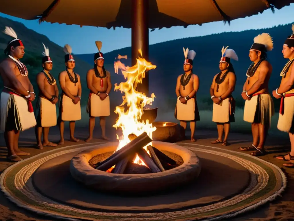 Ritual tribal antiguo: danzas, cantos y fuego Grupo participando en rituales de pasaje en medicina tradicional, con fuego, música y vestimenta ceremonial en un espacio sagrado