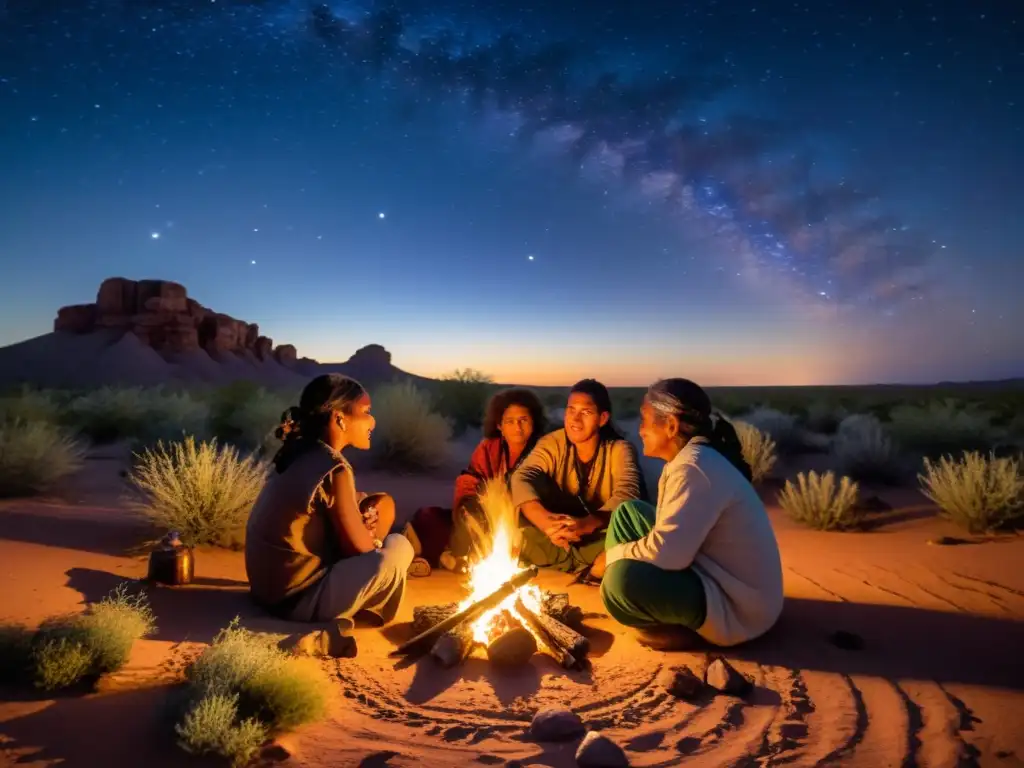 Un grupo de indígenas comparte sabiduría ancestral alrededor de una fogata en el desierto, rodeados de plantas medicinales clave