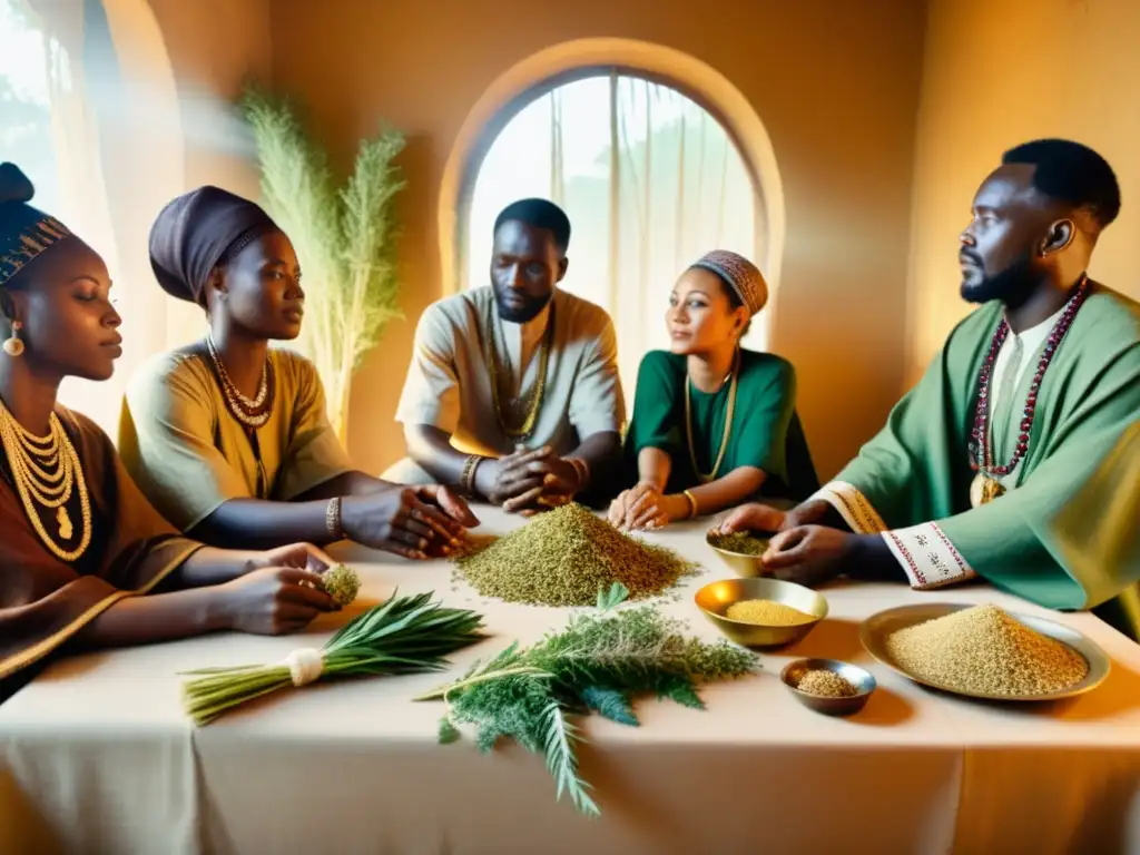 Sanadores africanos comparten sabiduría ancestral Un grupo de sanadores africanos en una animada discusión alrededor de una mesa decorada con hierbas y raíces