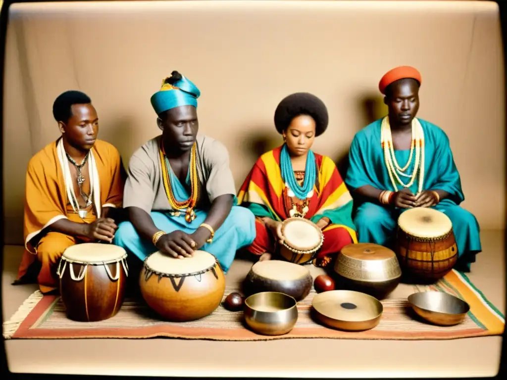 Un grupo de sanadores africanos realiza una ceremonia musical tradicional con instrumentos rodeados