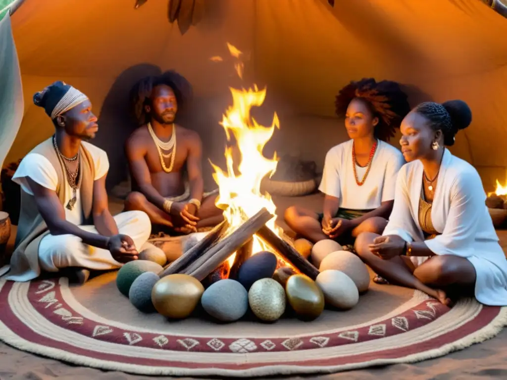 Grupo de sanadores africanos realizando ritual de geoterapia en medicina tradicional africana alrededor de fuego y elementos naturales