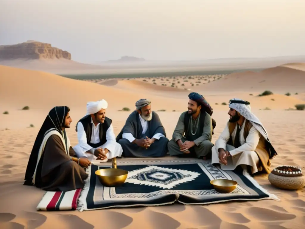 Un grupo de sanadores beduinos practicando medicina tradicional en un clínica al aire libre en el desierto