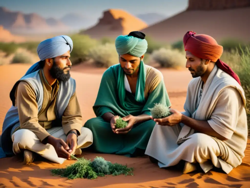 Grupo de sanadores del desierto aplicando hierbas medicinales, con turbantes detallados y paisaje desértico