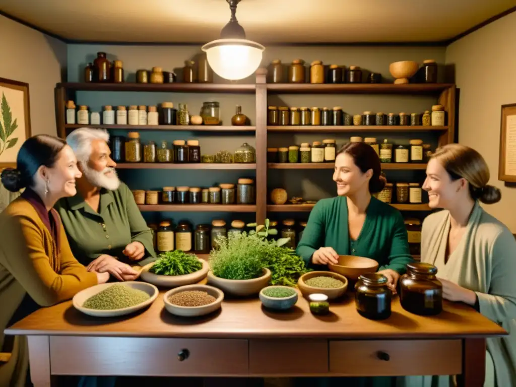 Un grupo de sanadores internacionales se reúnen en una habitación acogedora, compartiendo conocimientos sobre curas tradicionales