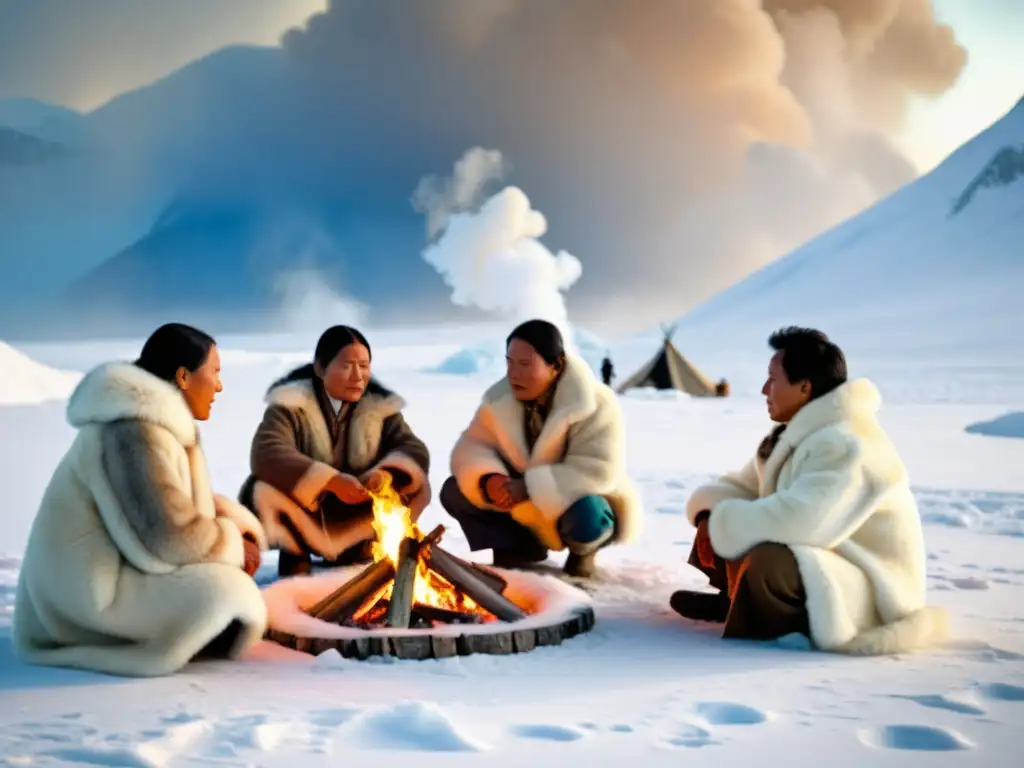 Grupo de sanadores inuit en ceremonia de medicina tradicional Ártico, conectados con la antigua sabiduría inuit