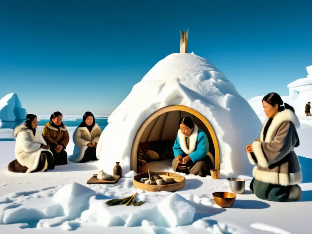 Un grupo de sanadores inuit realizan un ritual curativo tradicional en un iglú, usando elementos naturales como hierbas y partes de animales