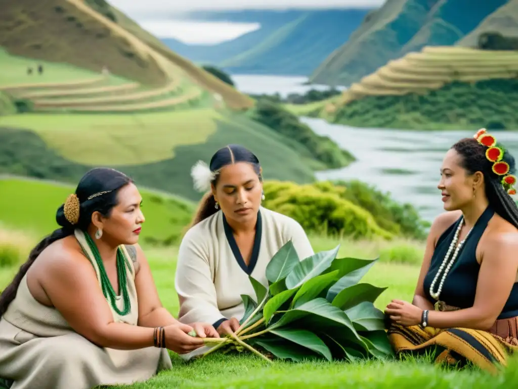 Un grupo de sanadores Maoríes realizando una ceremonia curativa con plantas medicinales en Nueva Zelanda