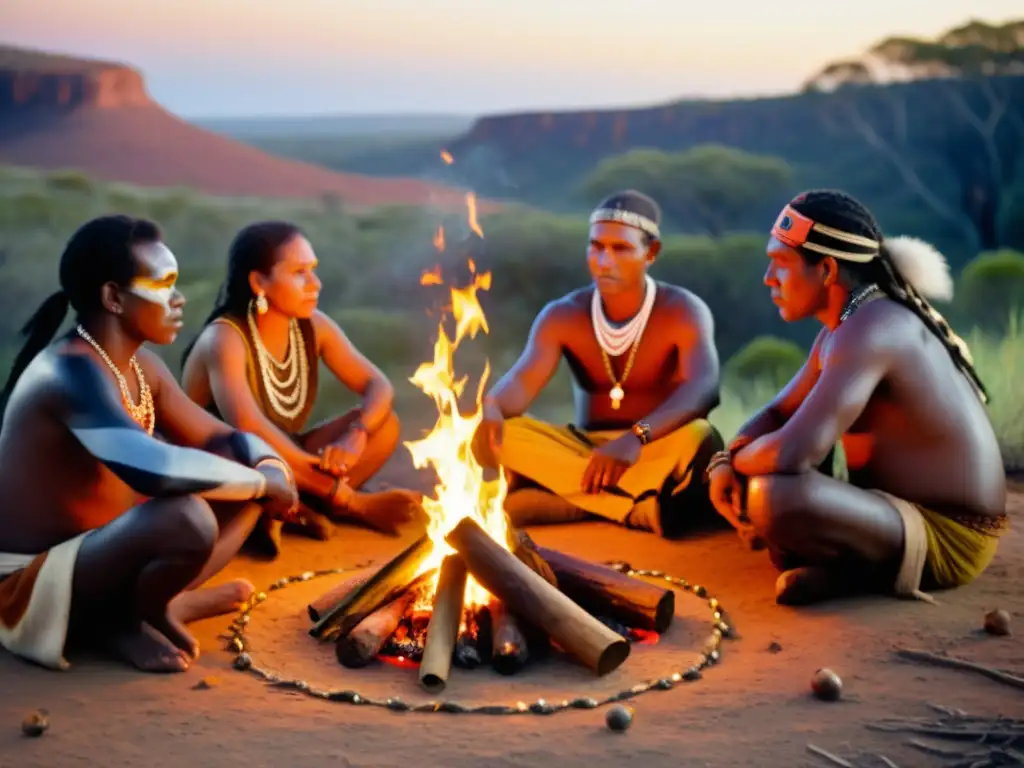 Un grupo de sanadores tradicionales aborígenes australianos y africanos se reúnen alrededor de un fuego en una ceremonia de sanación