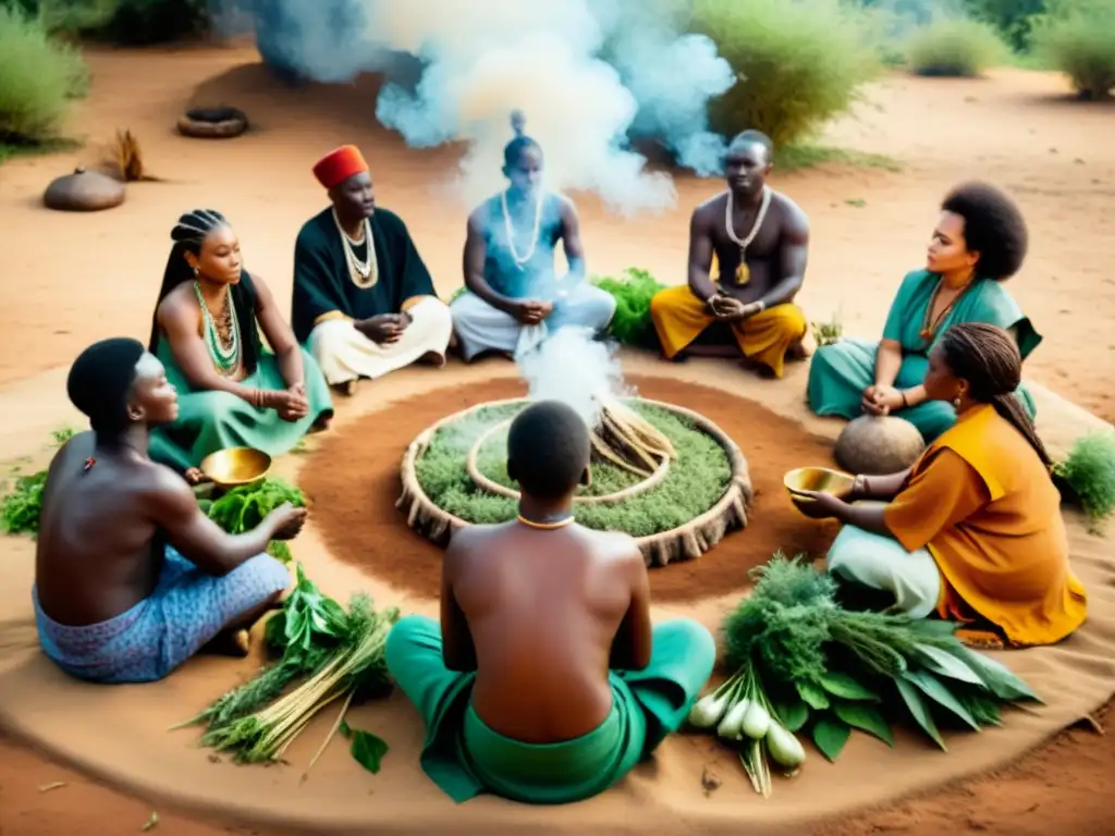 Un grupo de sanadores tradicionales africanos realiza una ceremonia de sanación rodeados de hierbas y raíces