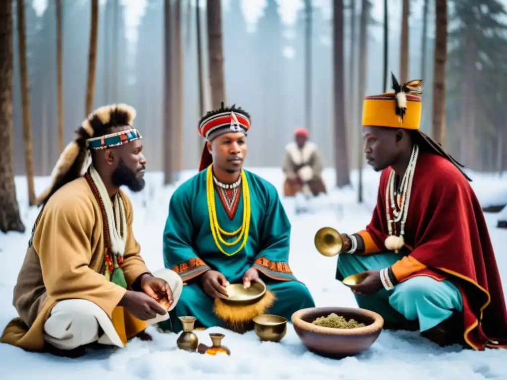 Un grupo de sanadores tradicionales africanos realizando un ritual con hierbas medicinales, acompañados por un chamán siberiano en un bosque nevado