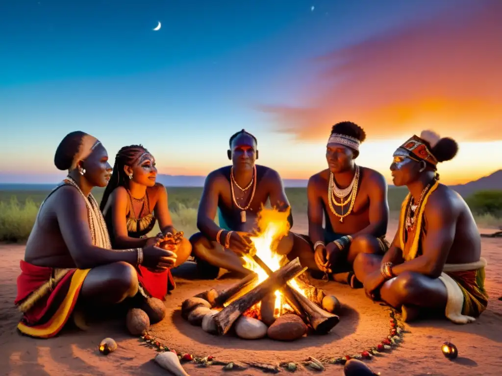 Grupo de sanadores tradicionales africanos realizando ceremonia nocturna alrededor del fuego