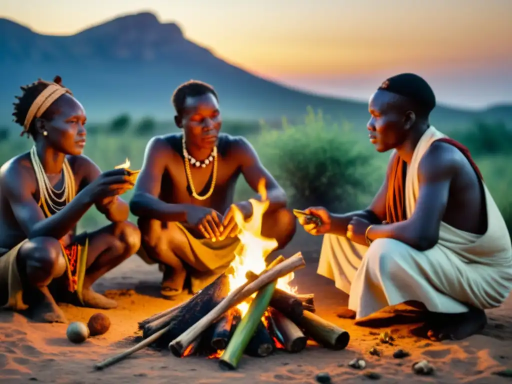 Grupo de sanadores tradicionales africanos preparando hierbas medicinales alrededor de una fogata en la oscuridad de la noche