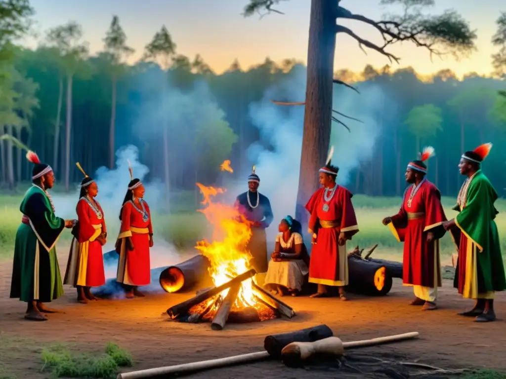 Grupo de sanadores tradicionales realizando una danza ceremonial alrededor de una fogata en el bosque