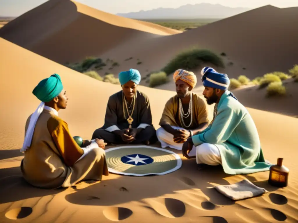 Un grupo de sanadores tradicionales en el desierto rodeados de dunas, realizando un ritual de curación