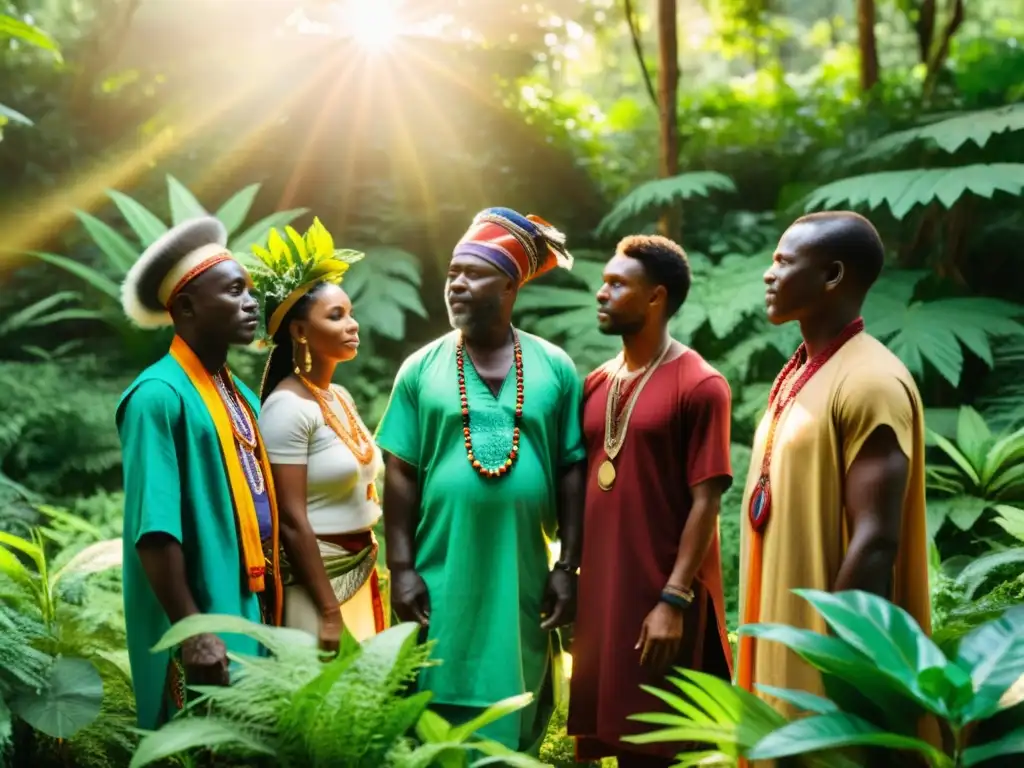 Hechiceros africanos en ritual ancestral en la selva Un grupo de sanadores tradicionales de África se reúne en un exuberante bosque, rodeado de hierbas medicinales