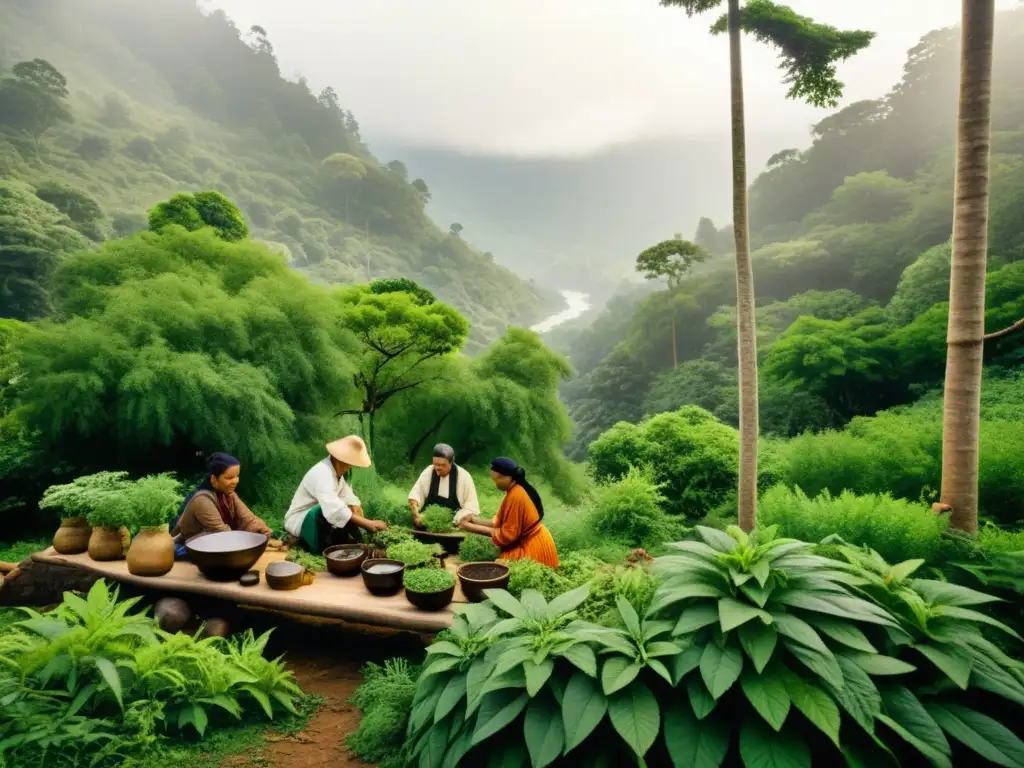 Un grupo de sanadores tradicionales preparando remedios naturales en un exuberante bosque