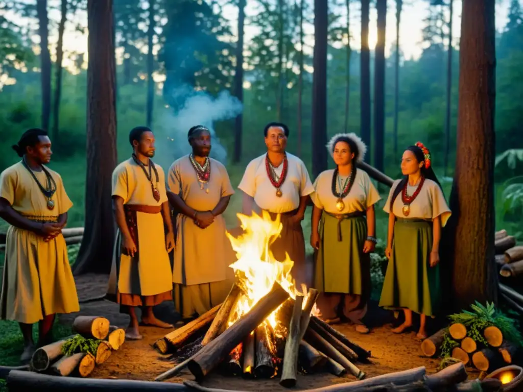 Grupo de sanadores tradicionales reunidos alrededor del fuego en bosque frondoso, mostrando la resiliencia de la medicina tradicional