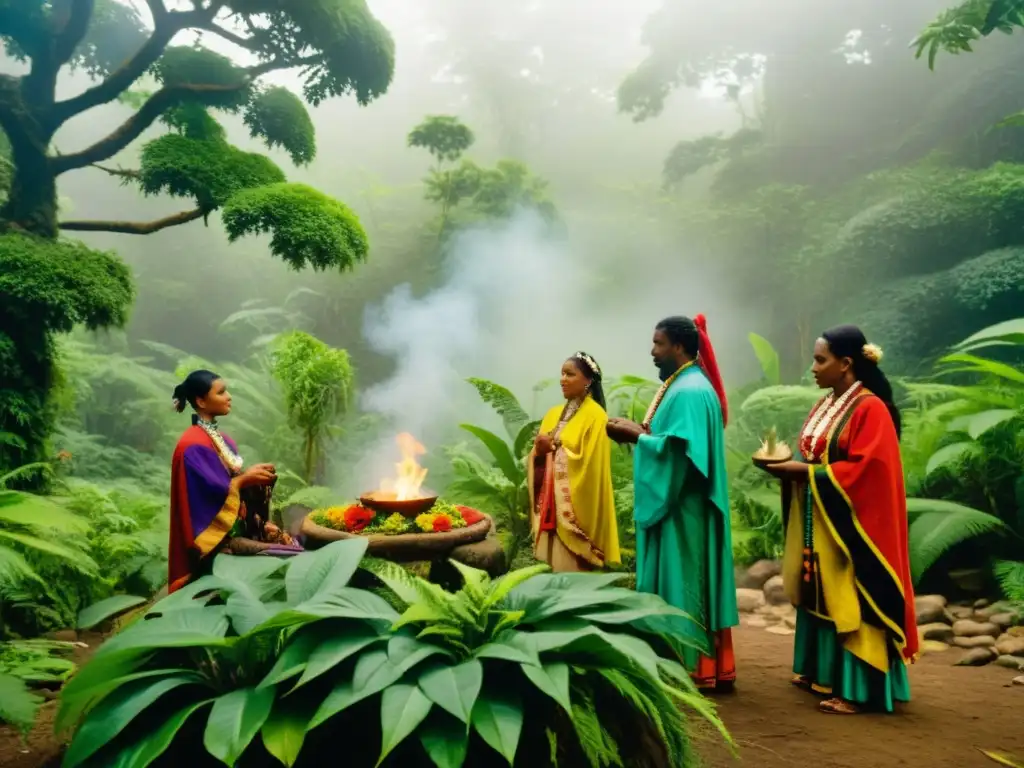 Grupo de sanadores tradicionales realizando un ritual en la naturaleza, con efecto cambio climático en rituales de sanación