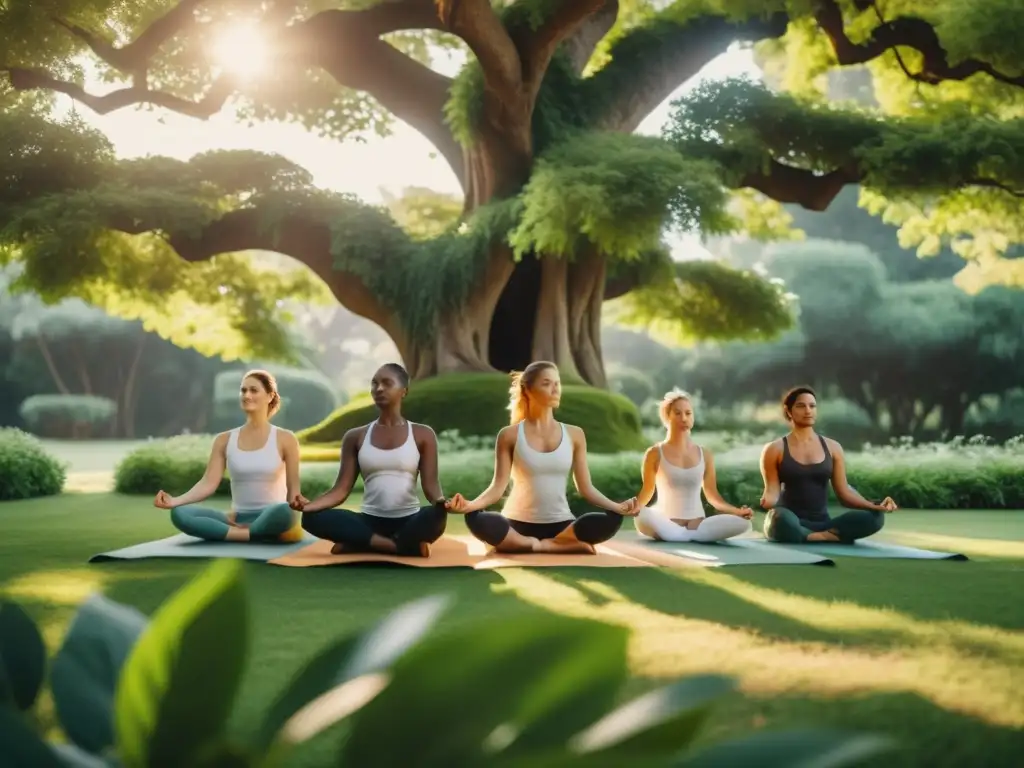 Un grupo practica yoga en un jardín sereno bajo un árbol majestuoso