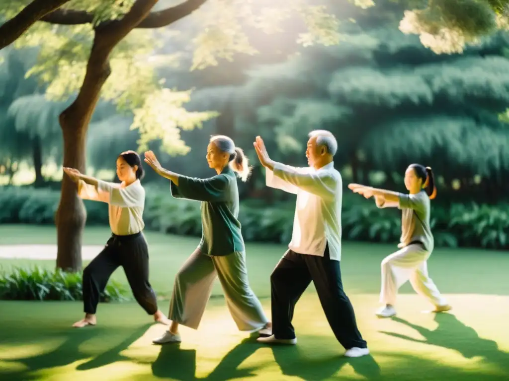 Un grupo practica Qi Gong y Tai Chi en un jardín sereno y exuberante, con luz suave entre los árboles