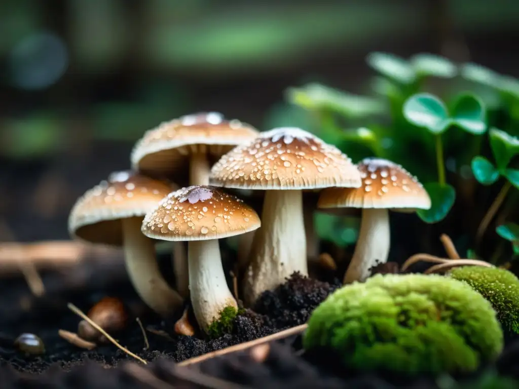 Un grupo de setas shiitake creciendo en suelo húmedo, con musgo y gotas de agua