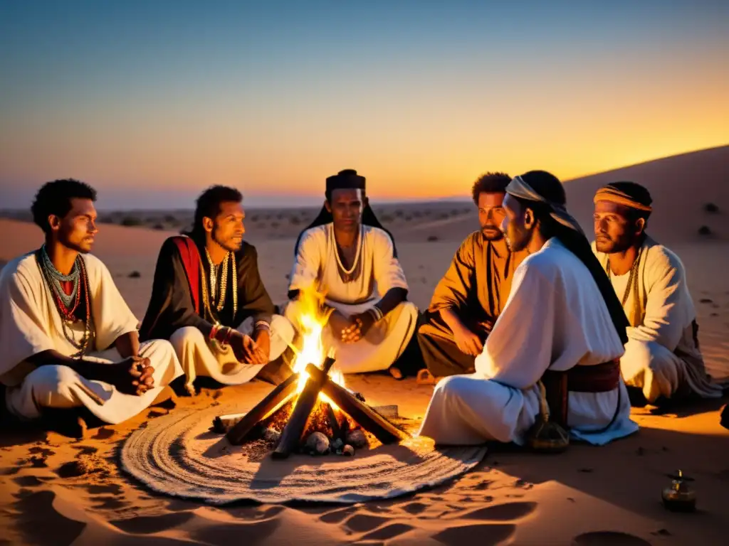 Grupo de nómadas Tuareg en ritual de medicina tradicional en el desierto del Sahara