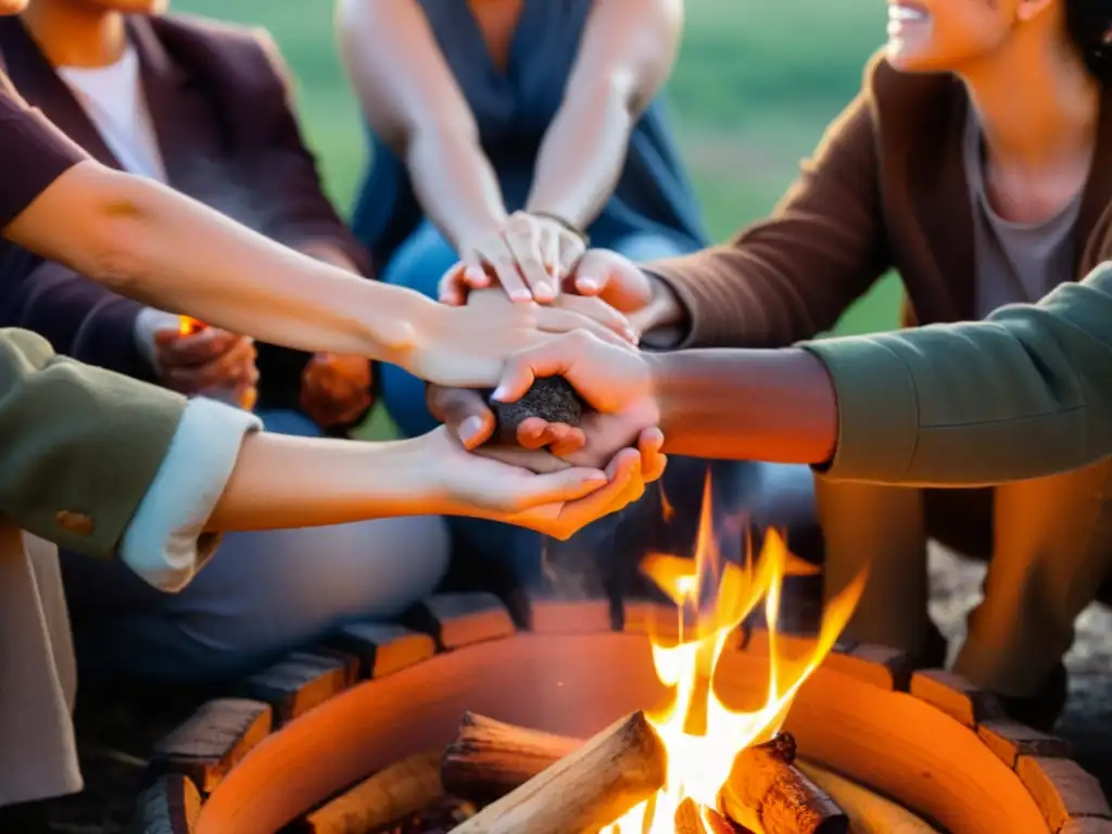 Grupo unido en rituales colectivos de sanación alrededor de fogata en la naturaleza