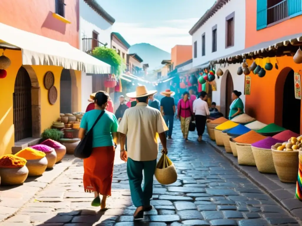 Grupo de viajeros explorando un mercado vibrante en un pueblo mexicano, inmersos en la medicina tradicional y la cultura local