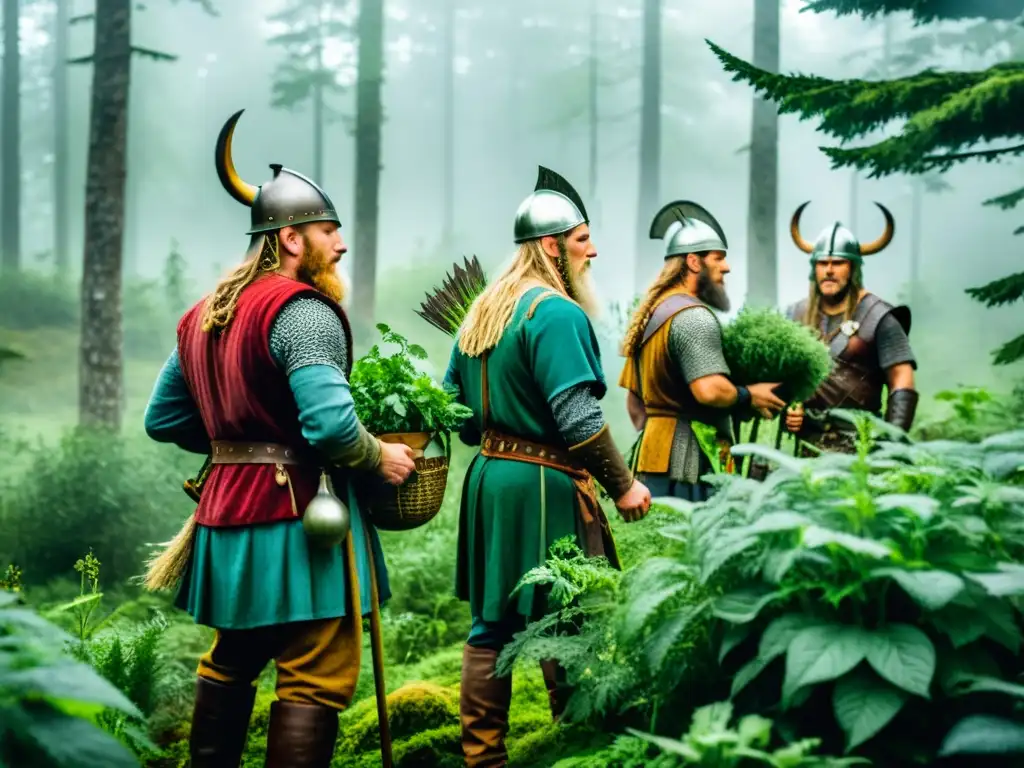 Grupo de vikingos recolectando hierbas nórdicas en un bosque místico, revelando secretos curativos ancestrales